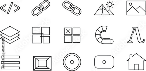 A set of monochrome line icons representing common web development and user interface elements in a clean, minimalist style
