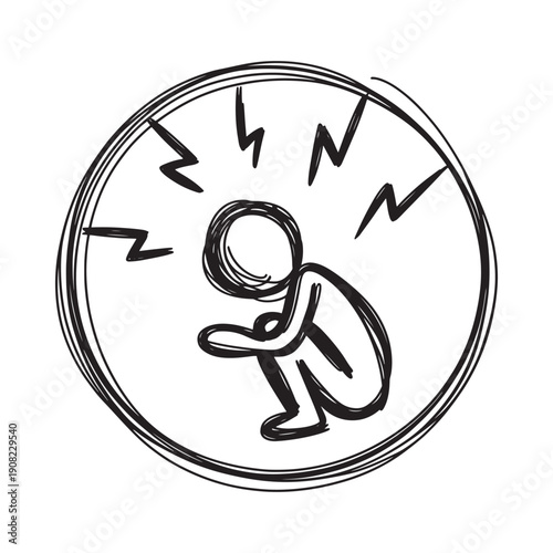 Sketch of a person surrounded by jagged lines within a circular frame