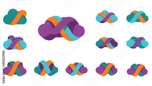 Abstract Cloud Icons with Intertwined Ribbons in Purple, Teal, and Orange