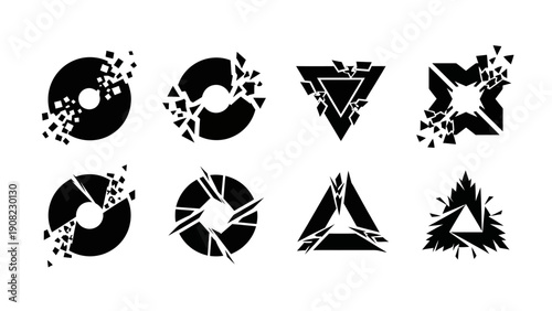 Abstract Geometric Shapes Shattering into Fragments, Digital Art, Black and White