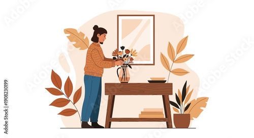 Woman Arranging Flowers in Vase on Table, Cozy Home Decor Illustration
