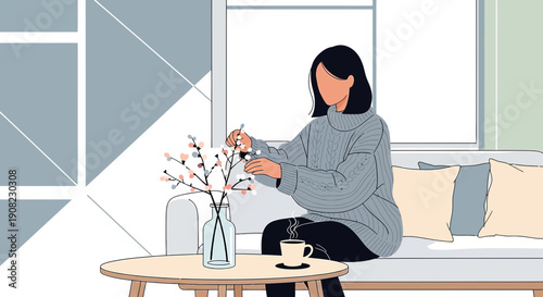 Woman arranging flowers in vase, cozy living room, natural light, minimalist illustration