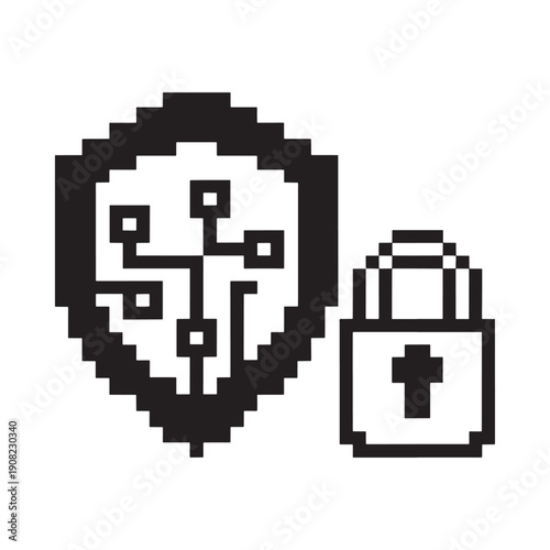 Pixelated icons depicting a shield with circuitry and an unlocked padlock