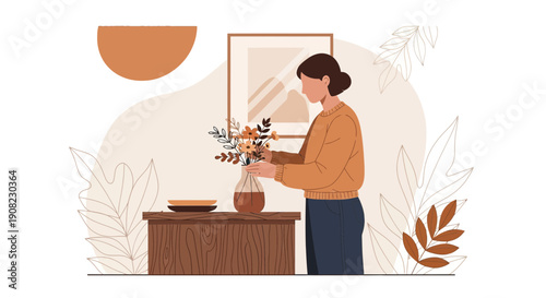 Woman Arranging Flowers in Vase, Home Decor Illustration, Cozy Interior Design