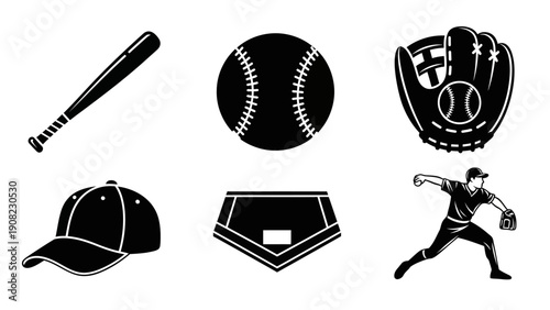 Baseball Equipment and Player Silhouette: Bat, Ball, Glove, Cap, Uniform, Pitcher