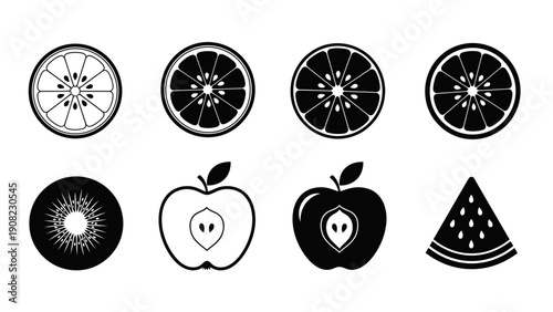 Black and White Fruit Icons: Slices of Citrus, Kiwi, Apple, and Watermelon