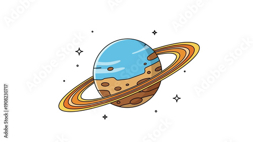 Cartoon Planet Saturn with Rings and Stars, Outer Space Illustration