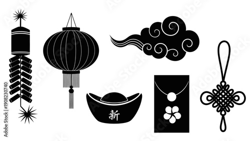 Chinese New Year Icons: Firecrackers, Lantern, Gold Ingot, Red Envelope, Knot