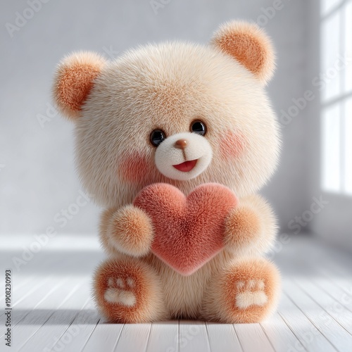 Teddy bear with red heart. Cute 3d teddy bear holding heart isolated on white background.