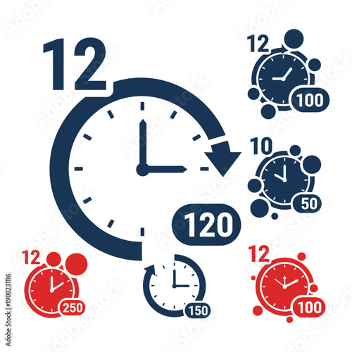 Clock Icons with Numbers and Bubbles Representing Time and Speed