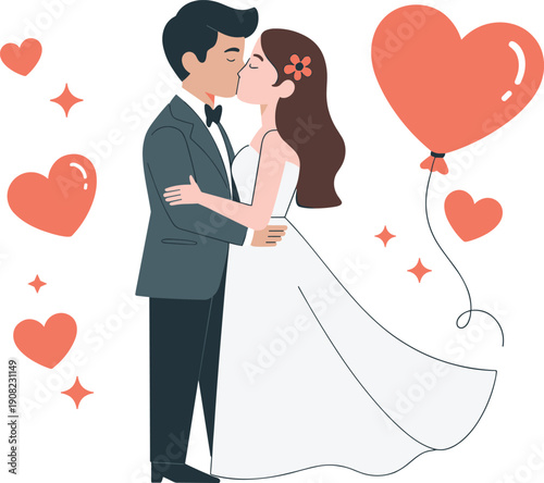 Romantic wedding couple kissing illustration with hearts, bride and groom love concept, modern flat vector art for marriage celebration