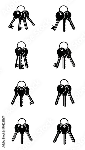 Collection of Black and White Key Bunches on White Background