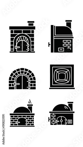 Collection of Black and White Icons: Ovens, Furnaces, and Hearths