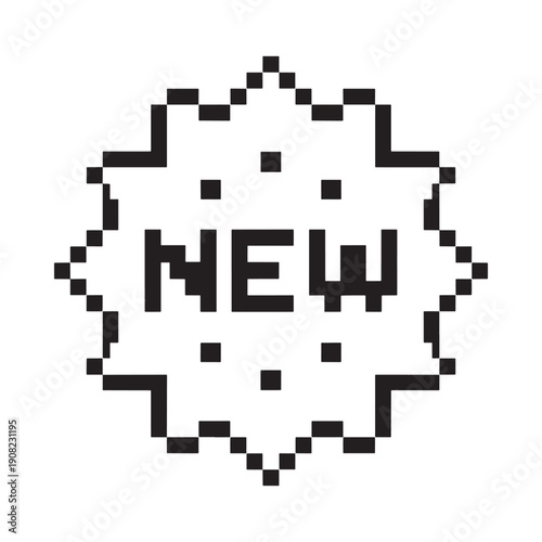 Pixelated starburst design with the word new centered inside