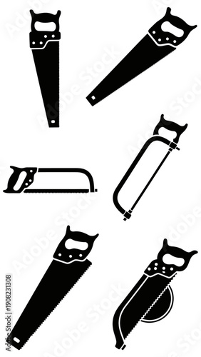 Collection of Black Silhouettes of Various Saws on White Background