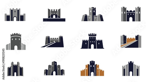 Collection of Castle and Fortress Icons: Medieval Architecture Symbols