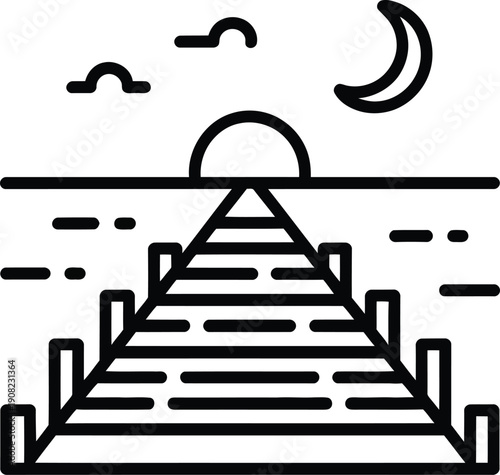 Black line art illustration of a pier at sunset or sunrise