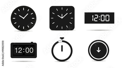 Collection of Diverse Clock Icons: Round, Square, Digital, Stopwatch, and Timer