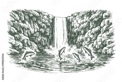 Classic Vector Line Art Illustration of Salmon Fish Jumping Up a Rocky Waterfall in a Forest River in Vintage Engraved Black and White Style