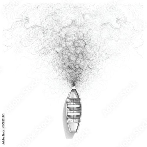Surreal Boat Smoke Illustration – Abstract Minimal Concept Line Art