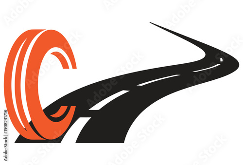 Orange car tire rolling onto a black winding road, dynamic transportation concept graphic, isolated on transparent background