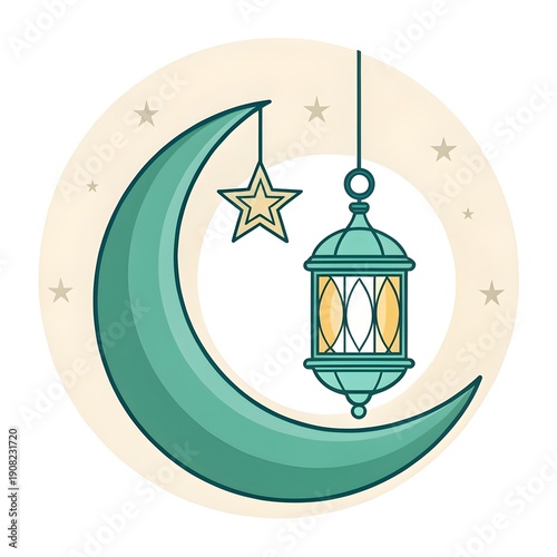 Ramadan kareem greeting with crescent moon, star, and lantern, a symbol of Islamic celebration and holy month.