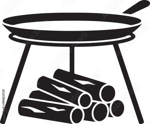 Campfire cooking icon, a Paella pan on tripod over firewood 