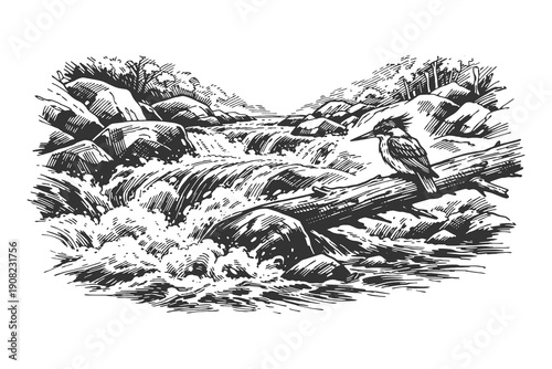 Detailed Vector Illustration of a Kingfisher Bird Perched on a Log Over a Rushing River Waterfall in Classic Hand Drawn Engraving Line Art Style