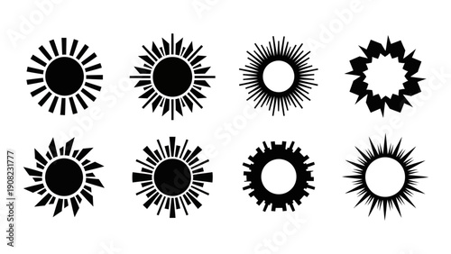 Collection of Stylized Sun Icons, Black and White Vector Graphics
