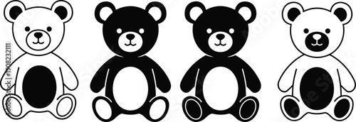 Set of adorable teddy bear vector illustrations in black and white style, perfect for children’s designs, baby products, toys, and branding content.
