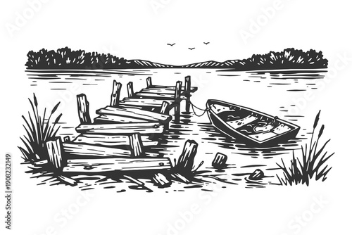 Vintage Hand Drawn Vector Illustration of a Rustic Wooden Pier and Rowboat on a Calm Lake Landscape in Detailed Black and White Line Art Style