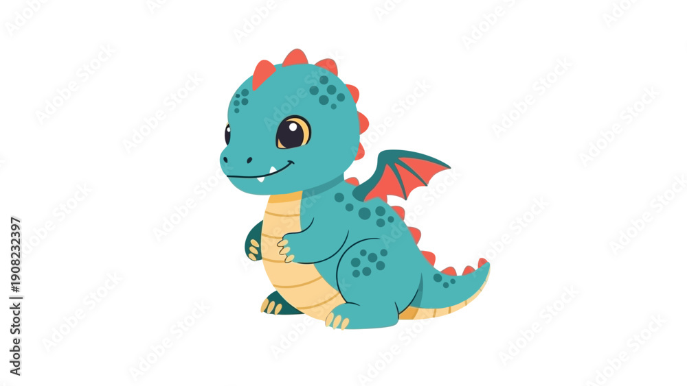 Naklejka premium Cute Baby Dragon Cartoon Character, Adorable Fantasy Creature Illustration