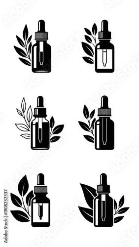 Cosmetic Dropper Bottles with Leaves Icon Set, Skincare Serum Packaging