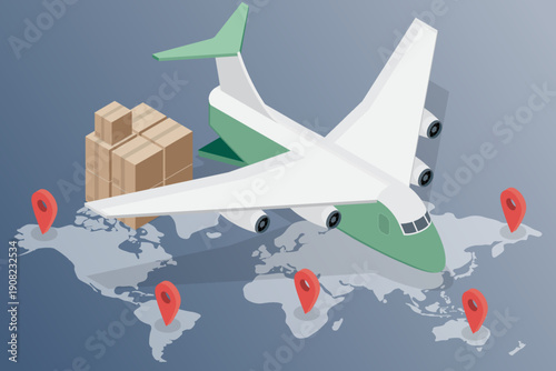 Delivery service airplane. Air freight logistics concept. 3d flat isometric vector illustration for website, banner.