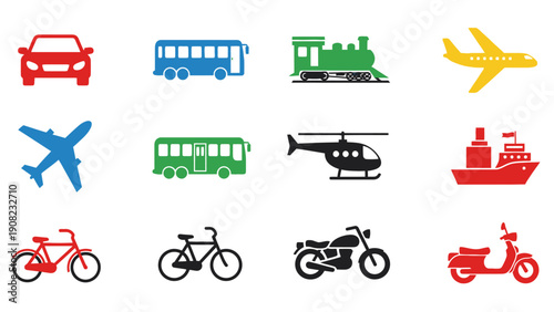 Diverse Transportation Icons: Cars, Buses, Trains, Planes, Helicopters, Ships, Bikes, Scooters