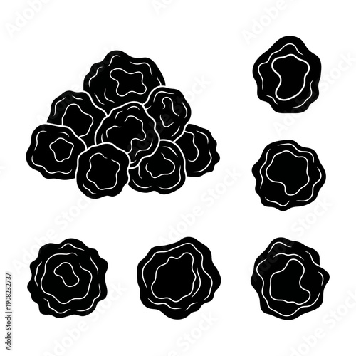 Dried Prunes Pile and Scattered, Black and White Illustration