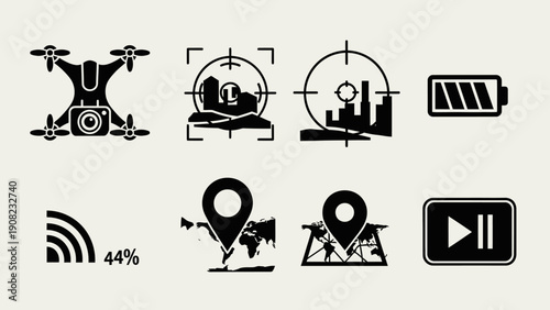 Drone Technology Icons: Aerial Surveillance, Navigation, Battery, Signal, and Playback Controls