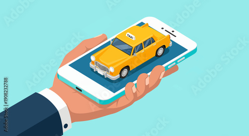 An isometric vector illustration shows a hand holding a smartphone with a yellow taxi cab sitting on the screen, symbolizing the convenience of mobile ride-booking apps