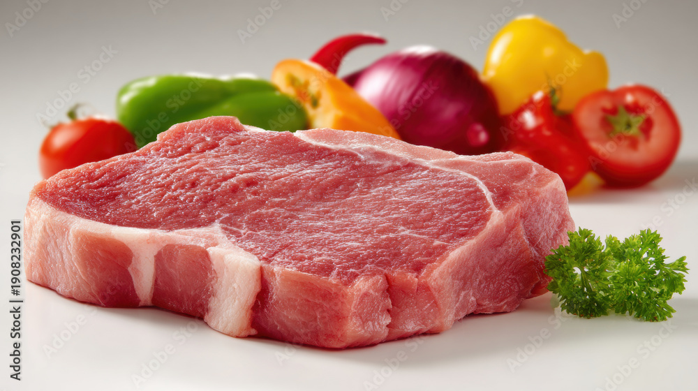 Fototapeta premium Fresh raw beef steak with vegetables on white background, showcasing high-quality meat, protein food, butcher selection, and cooking preparation concepts.