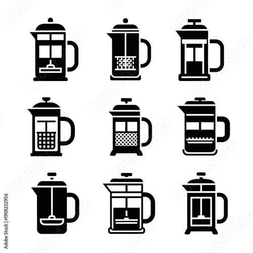French Press Coffee Maker Icons Set: Various Designs for Brewing Hot Beverages