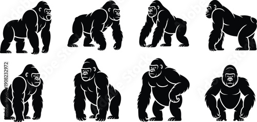 Gorilla silhouette vector illustration set, standing walking sitting crouching poses, wildlife primate clipart, jungle animal artwork, bold graphic black white design