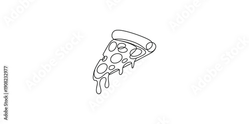 A simple line drawing of a single slice of pizza with cheese dripping off