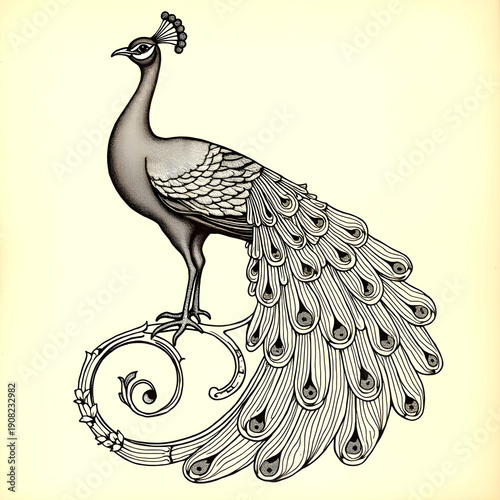 Black and white illustration of a peacock with magnificent tail