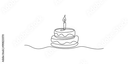 Simple line drawing of a birthday cake with a single candle