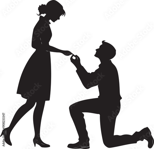 Wedding proposal silhouette of a girl and boy, romantic engagement moment, minimalist black vector isolated on transparent background for stock design