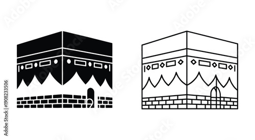 Kaaba Mecca Islamic Hajj pilgrimage black white icon, sacred mosque silhouette