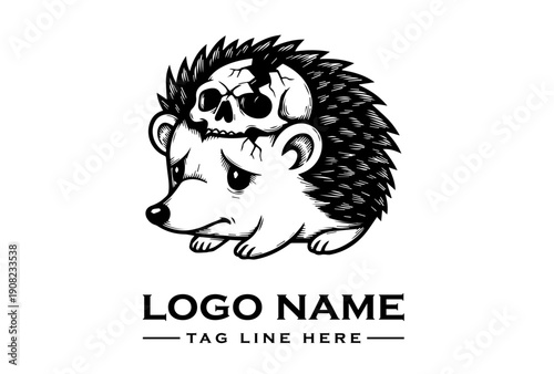 A black and white vector illustration of a hedgehog with a skull on its head, surrounded by spiky quills, against a clean white background with a bold logo and tagline.