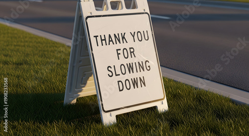 A white road sign on grass says thank you for slowing down on a quiet roadside