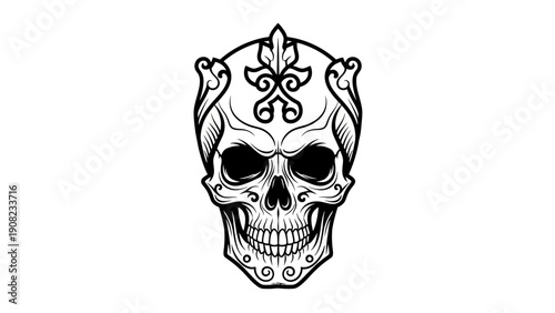 Intricate Black and White Skull Illustration with Ornate Details