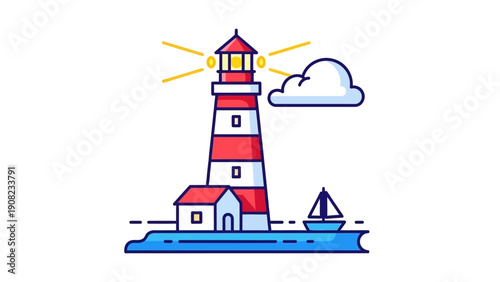 Lighthouse Guiding Ship at Sea with Cloud and Waves